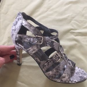Franco Sarto Black and Gray Snake Print Sandals